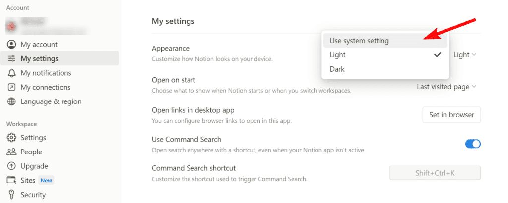 set appearance to system settings in notion